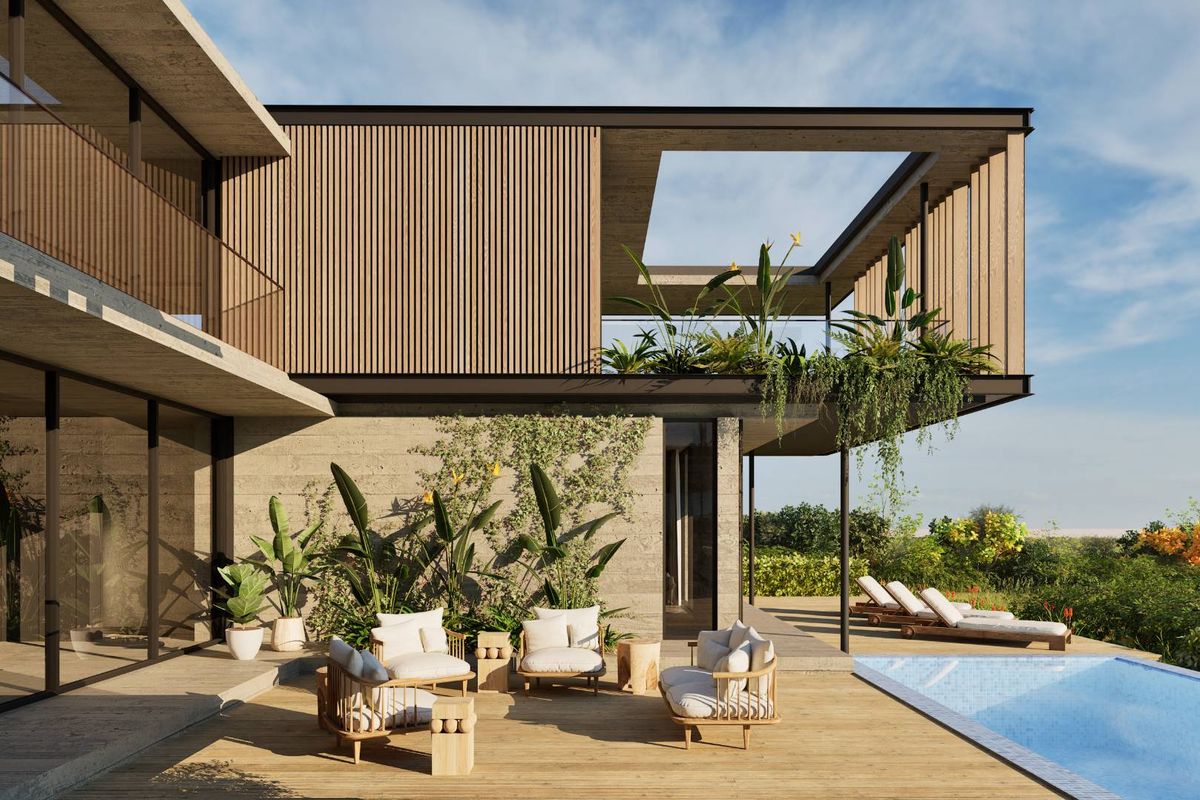 Modern architectural exterior featuring a swimming pool, timber decking, and a striking cantilevered upper level with timber slat detailing.