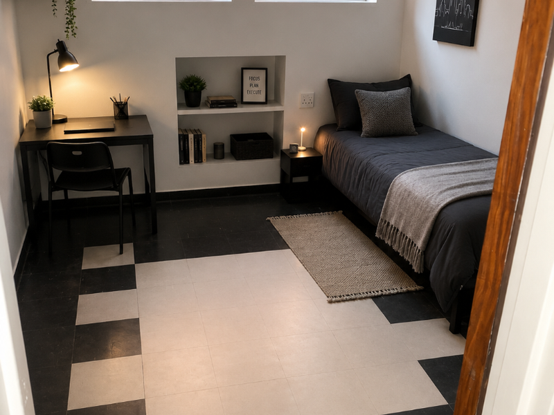 A compact bedroom featuring a built-in wall niche, high-set casement windows, and a distinctive black and white checkered vinyl tile floor.