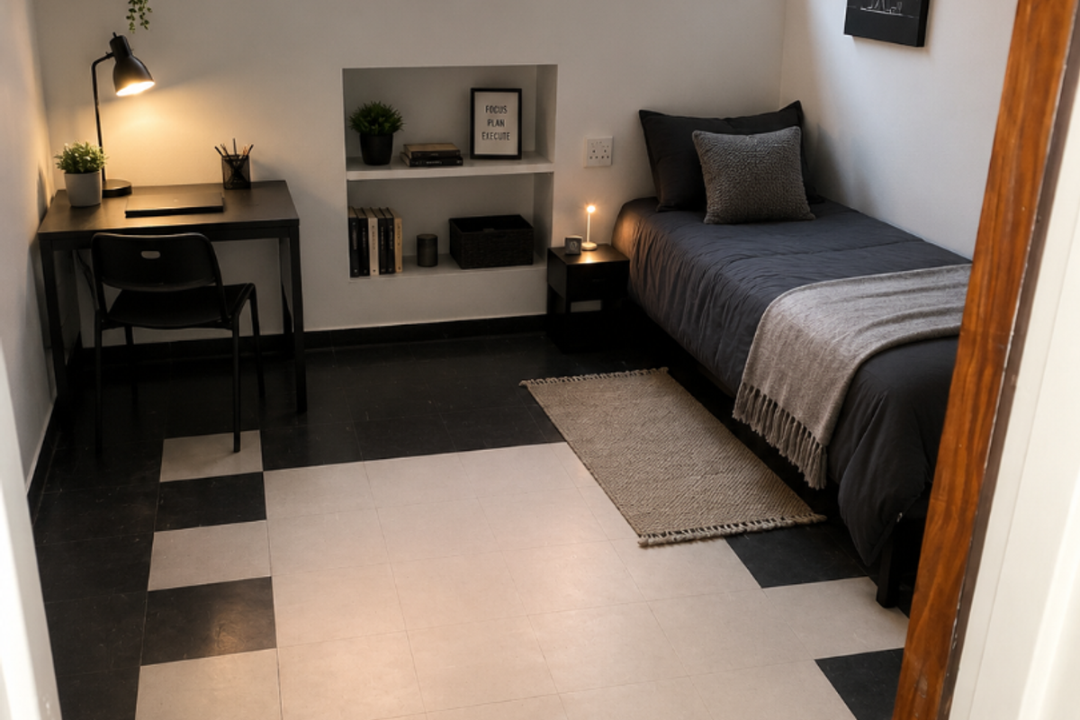 A compact bedroom featuring a built-in wall niche, high-set casement windows, and a distinctive black and white checkered vinyl tile floor.