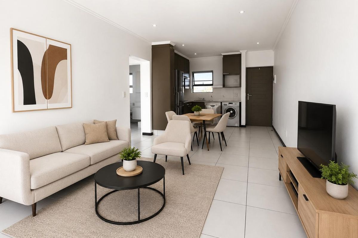 Modern open-plan living area featuring tiled floors, recessed lighting, and a functional kitchen space with built-in cabinetry and integrated laundry facilities.