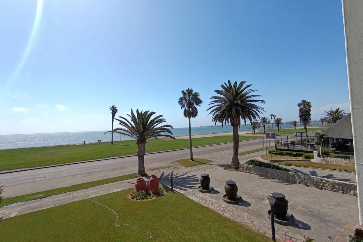 A scenic elevated view overlooking a coastal road, manicured lawns, and mature palm trees with the ocean in the background.