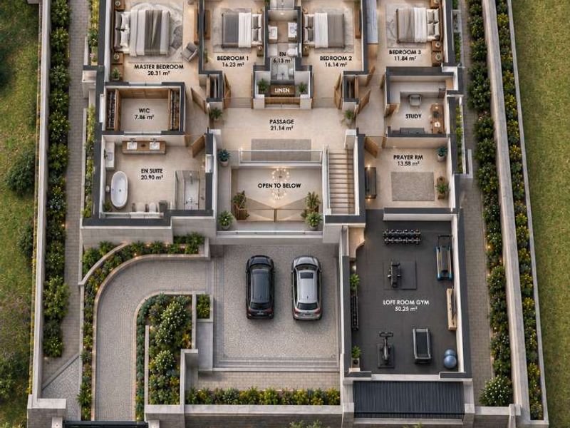 A detailed architectural floor plan of the first floor, showcasing the layout of bedrooms, bathrooms, gym, and outdoor balcony areas.