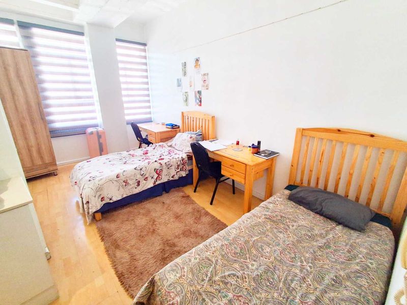 A shared bedroom featuring laminate flooring and large windows with roller blinds, providing ample natural light.