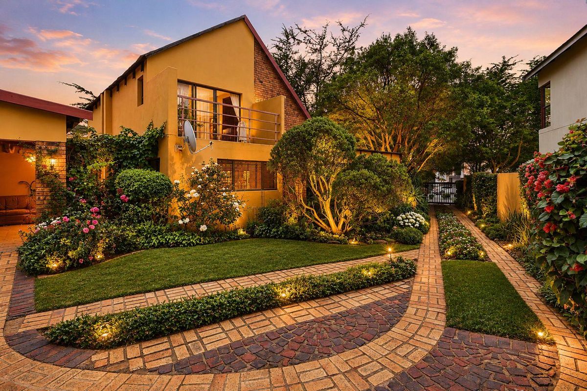 A beautifully landscaped rear garden featuring a brick-paved driveway, lush greenery, and a charming two-story house with a balcony.