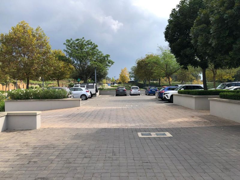 A well-maintained paved parking area featuring structured retaining walls and established landscaping, providing convenient access to the office premises.