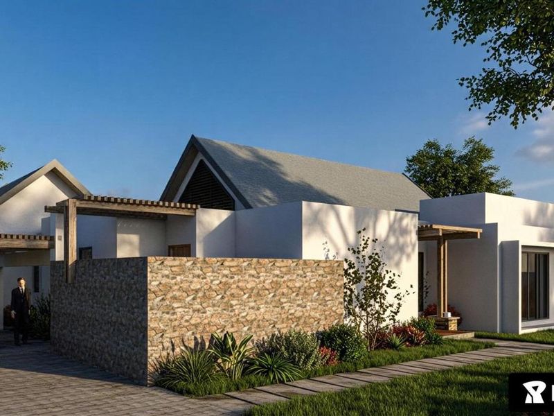 A modern architectural exterior view of a house featuring stone cladding, timber pergola elements, and a paved driveway.