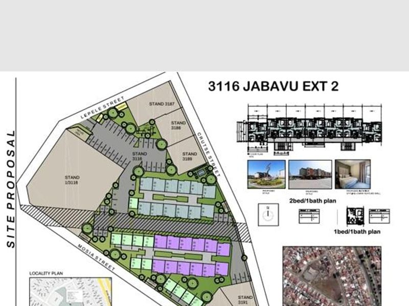 A site proposal layout plan for 3116 Jabavu Ext 2, detailing the residential development site plan, unit configurations, and aerial context.