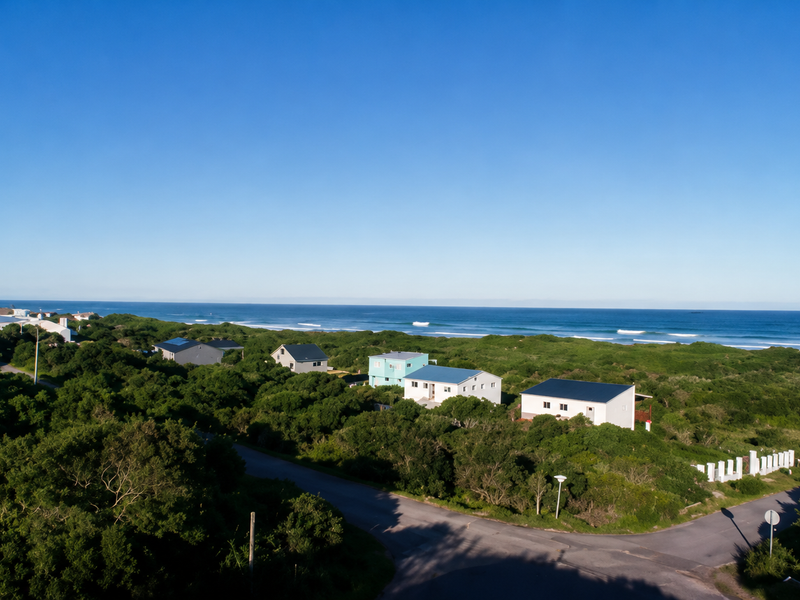 An aerial view of a coastal residential area featuring established vegetation, paved roads, and multiple homes situated near the ocean shoreline.