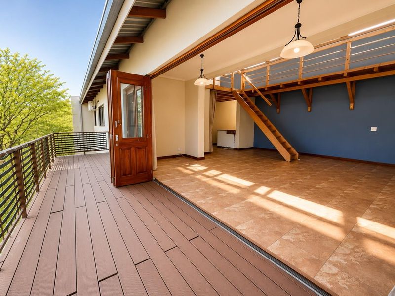 Spacious balcony with composite decking and metal railings, featuring seamless indoor-outdoor flow to an open-plan interior with a mezzanine level and timber staircase.
