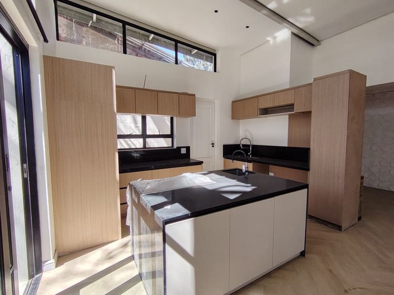 Modern kitchen featuring a central island, sleek light wood cabinetry, black stone countertops, and high clerestory windows providing ample natural light.