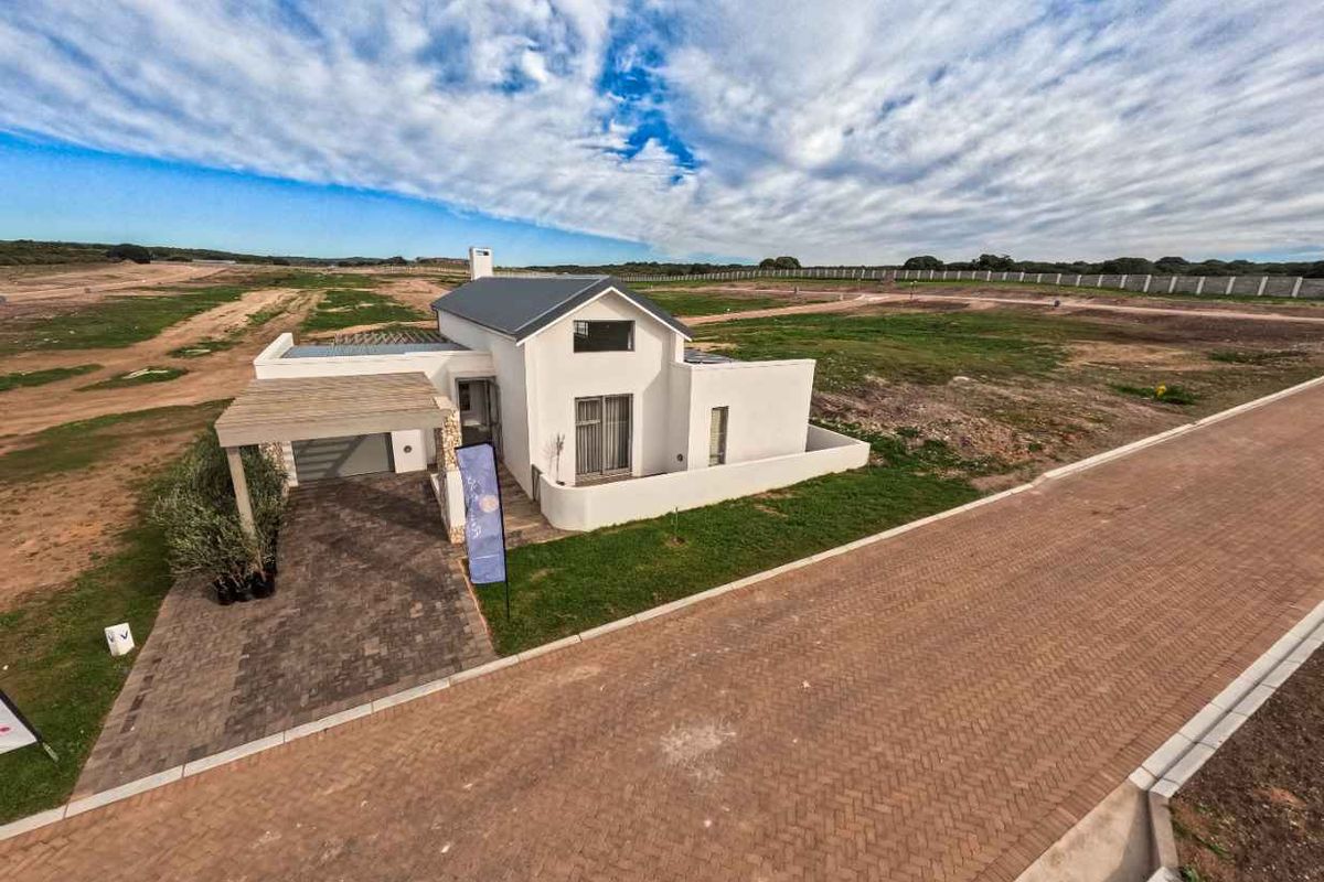 An elevated view of a modern single-story house featuring a paved driveway, covered entrance, and a clean white exterior finish.