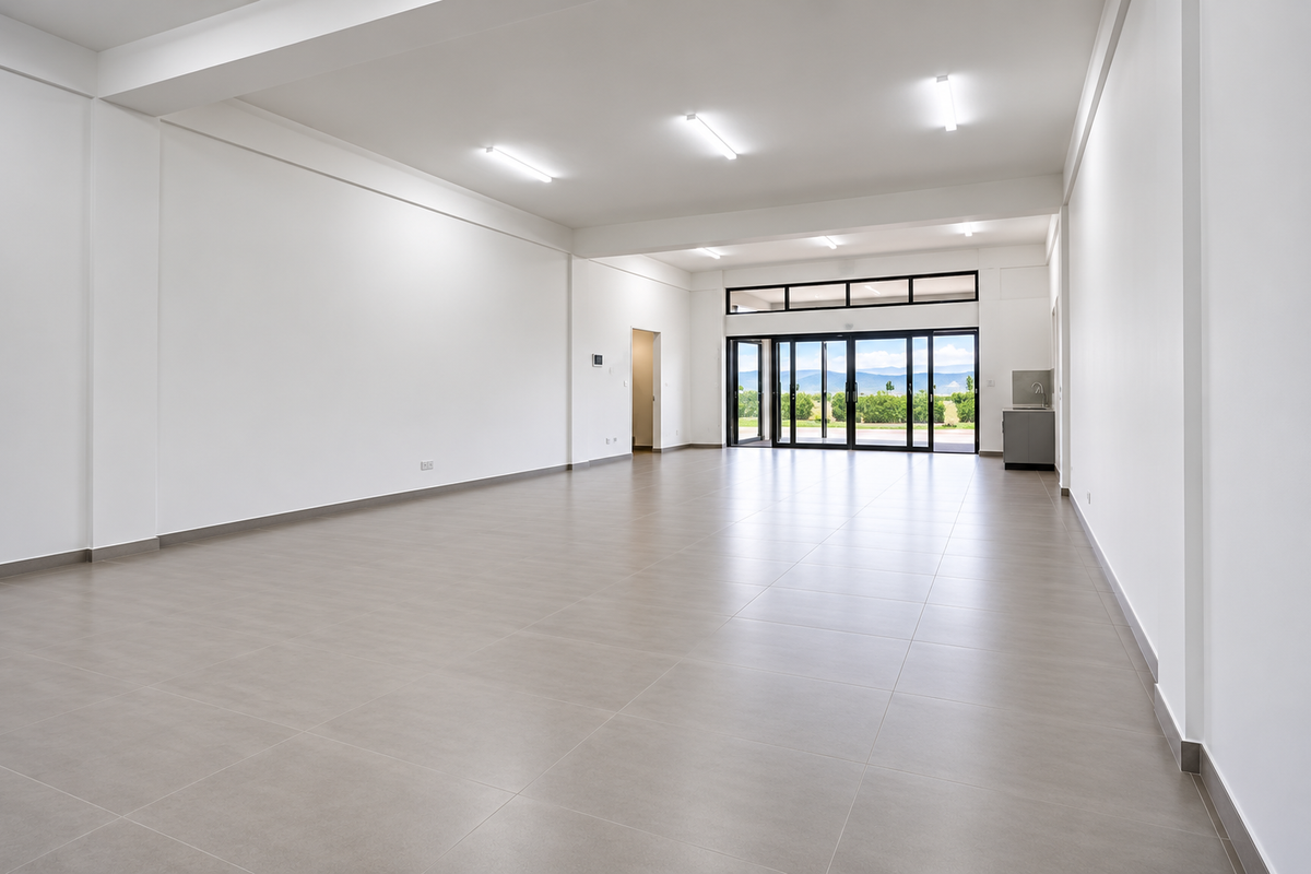 A spacious, modern open-plan office area featuring neutral tiled flooring, recessed lighting, and large sliding glass doors leading to an outdoor view.