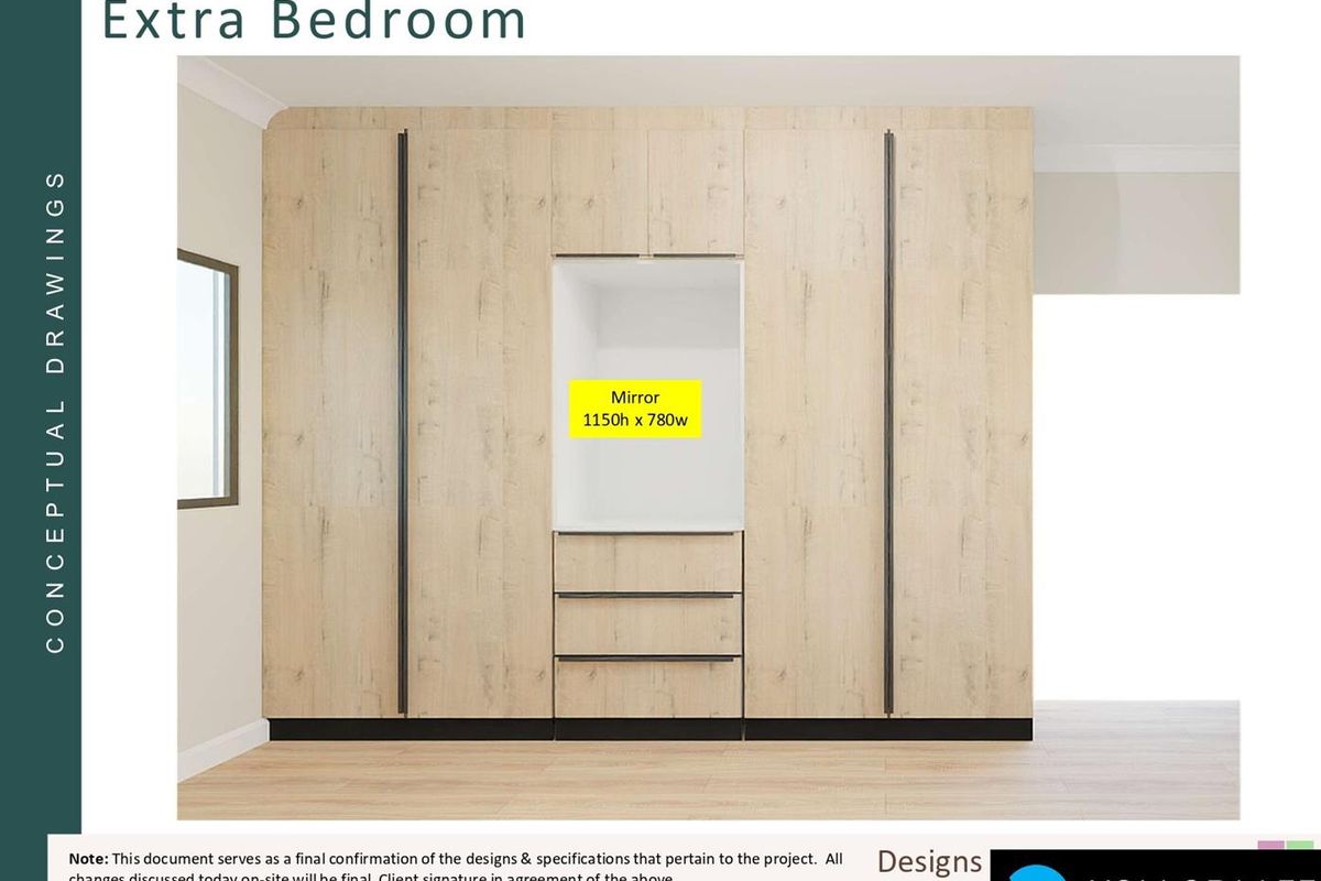 A conceptual design drawing for a bedroom featuring built-in light wood-grain cabinetry with integrated drawers and a central mirror placement.