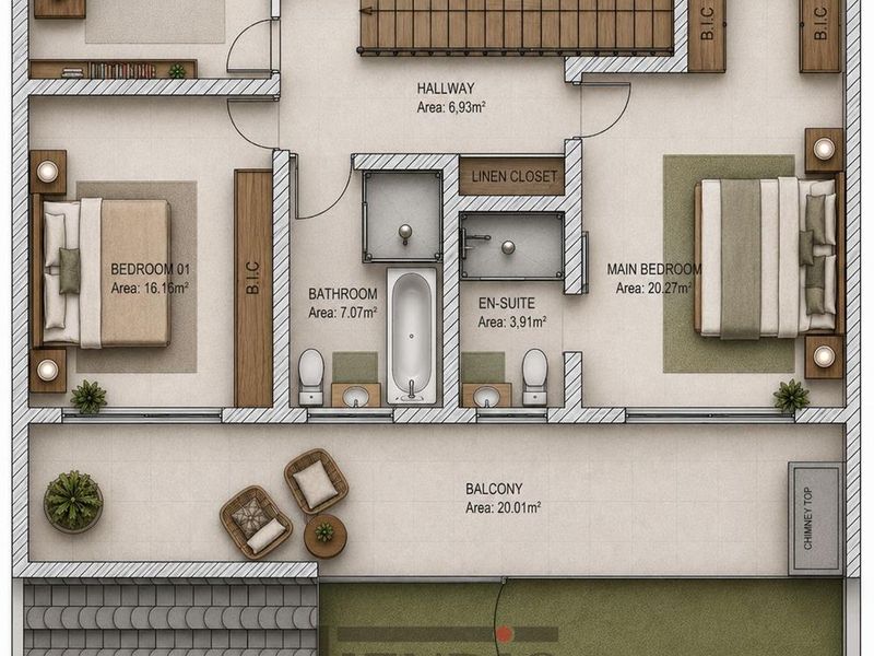 A detailed architectural floor plan showing the layout of the upper level, including two bedrooms, an office, two bathrooms, and a spacious balcony.