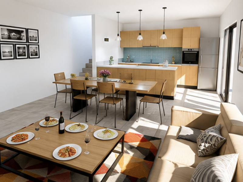 Modern open-plan living and dining area featuring a contemporary kitchen with light wood cabinetry, integrated appliances, and seamless access to the outdoor space.