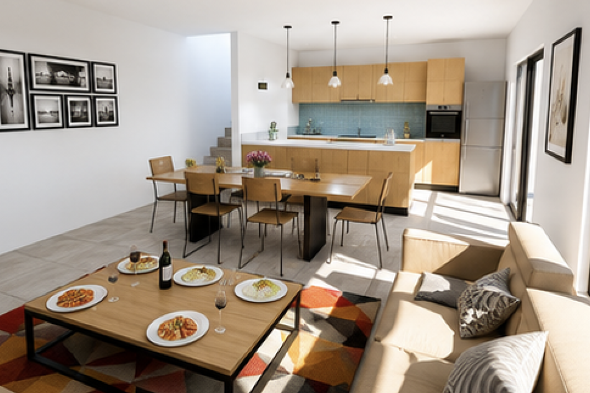 Modern open-plan living and dining area featuring a contemporary kitchen with light wood cabinetry, integrated appliances, and seamless access to the outdoor space.