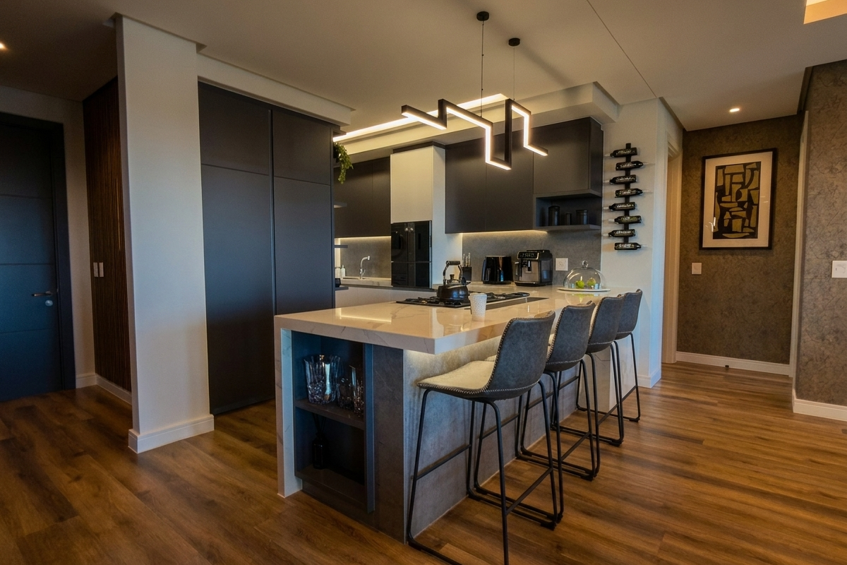 Modern kitchen featuring a central island with stone countertop, dark cabinetry, integrated appliances, and stylish pendant lighting, set against warm wood-look flooring.