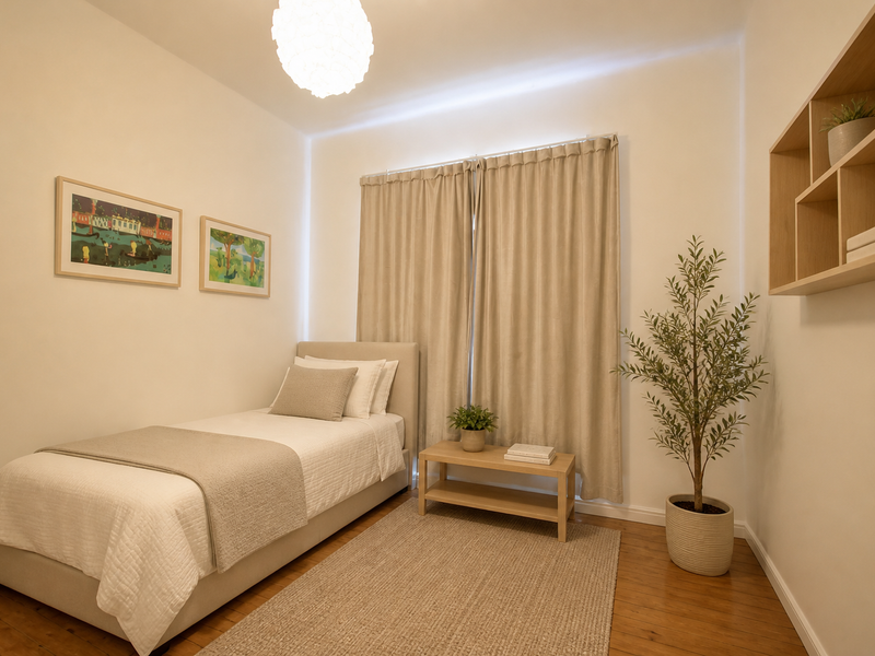 A well-maintained bedroom featuring warm hardwood flooring, neutral wall tones, and convenient built-in wall shelving.