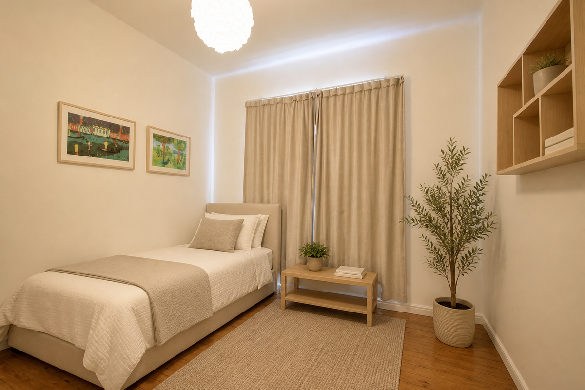 A well-maintained bedroom featuring warm hardwood flooring, neutral wall tones, and convenient built-in wall shelving.