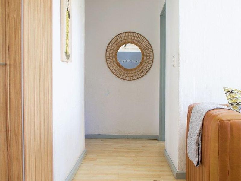 A bright hallway featuring light-toned laminate flooring and a built-in storage cupboard, providing a clean and functional transition space within the apartment.