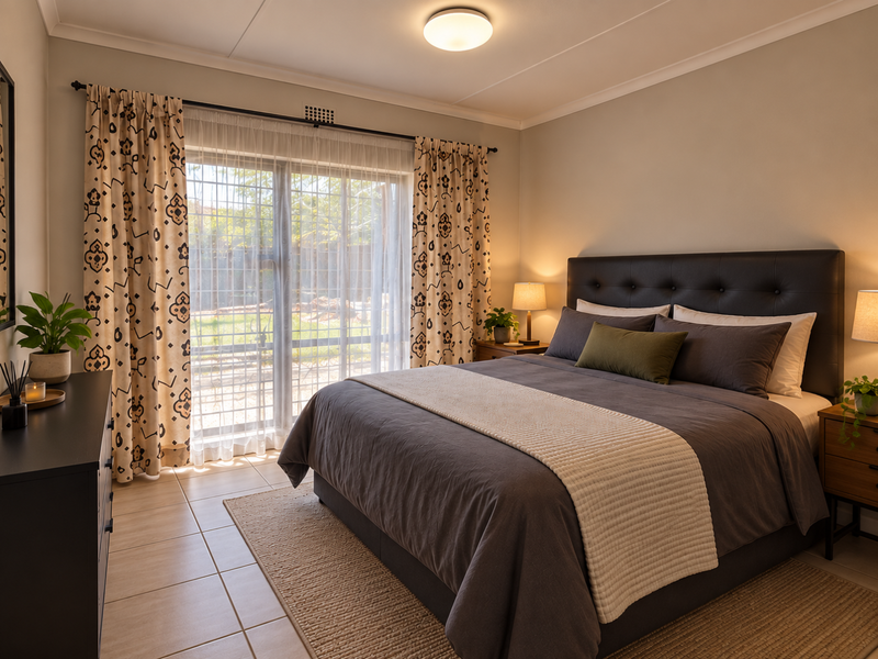 A well-maintained bedroom featuring tiled flooring, a ceiling light fixture, and a sliding glass door with a security gate leading to the exterior.