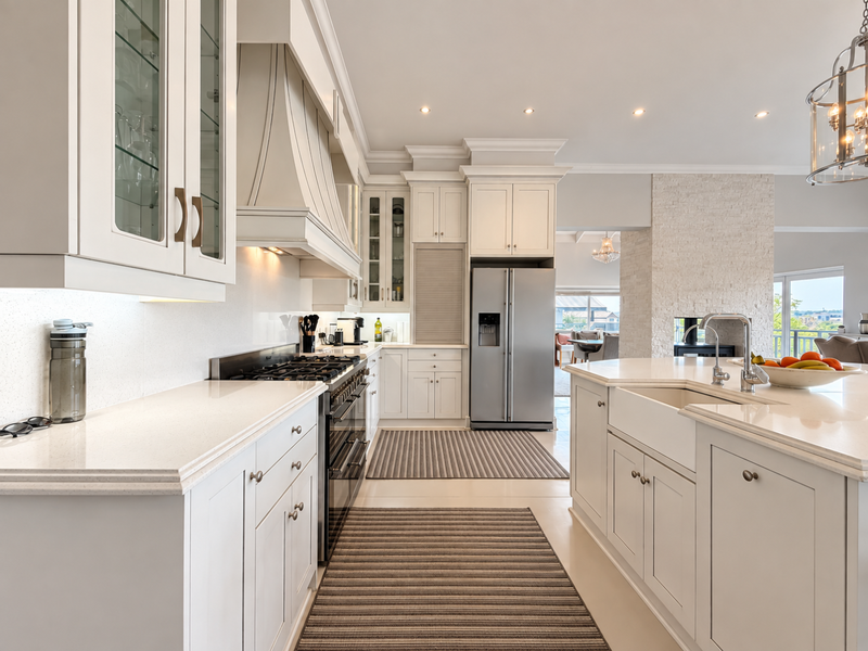 A bright, modern kitchen featuring white shaker cabinetry, quartz countertops, a farmhouse sink, and a professional-grade gas range, seamlessly flowing into the living area.