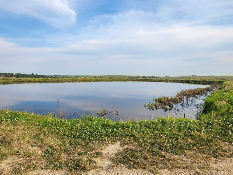 A scenic view of a large farm dam with a surrounding dirt track and open landscape.