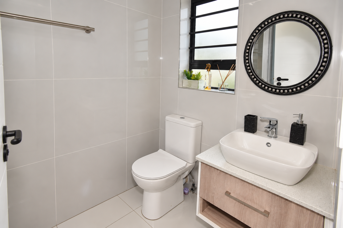 A modern, well-maintained bathroom featuring a contemporary vanity with a countertop basin, a toilet, and neutral wall-to-floor tiling.