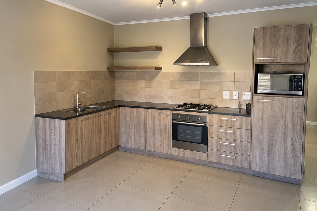Modern kitchen featuring wood-look laminate cabinetry, stone countertops, built-in gas hob, oven, extractor fan, and integrated microwave with neutral tiled backsplash and flooring.