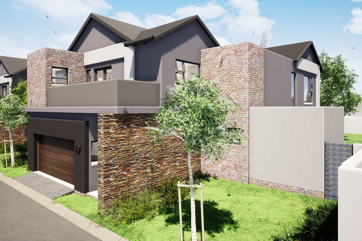 Modern cluster home exterior featuring a combination of stone cladding, brickwork, and a double-story design with a balcony and integrated garage.