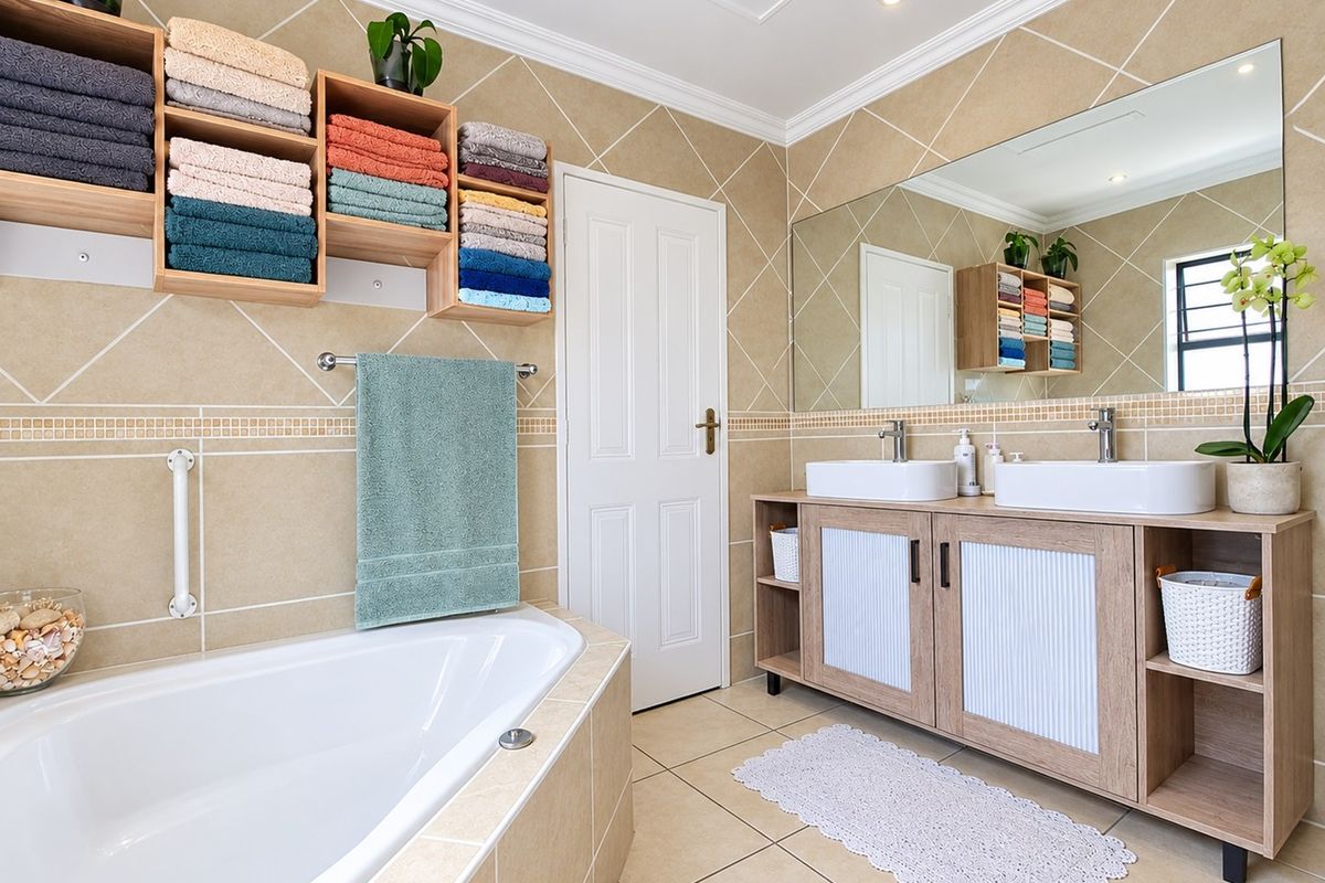 A well-maintained bathroom featuring a built-in bathtub, double vanity with modern basins, large wall mirror, and neutral ceramic tiling throughout.