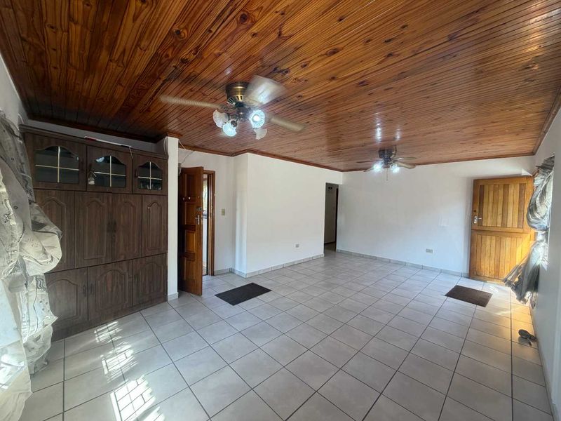 Spacious living area featuring a warm timber tongue and groove ceiling, ceiling fans, and neutral ceramic floor tiles throughout.