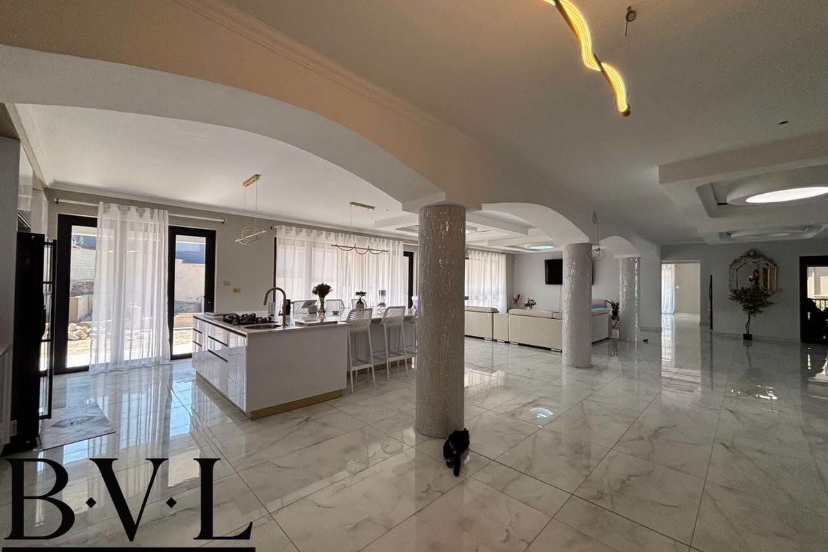 Spacious open-plan living area featuring a modern kitchen island, polished tiled flooring, and elegant arched columns, creating a bright and airy atmosphere.