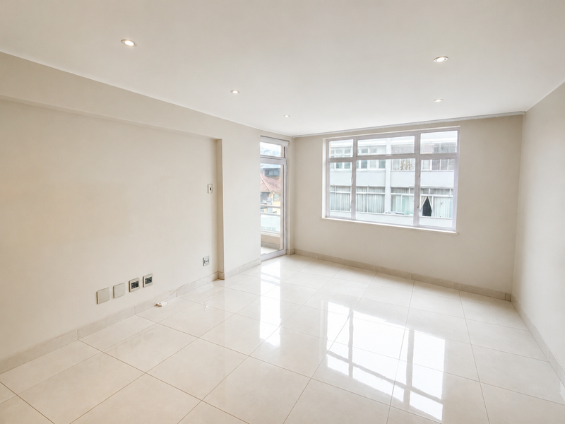 A bright, empty living room featuring neutral walls, polished porcelain floor tiles, recessed downlights, and large aluminium-framed windows providing natural light.