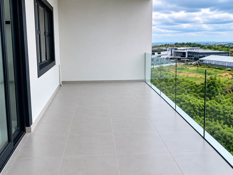 A modern, spacious balcony featuring sleek tiled flooring, a frameless glass balustrade, and expansive views of the surrounding office park and landscape.