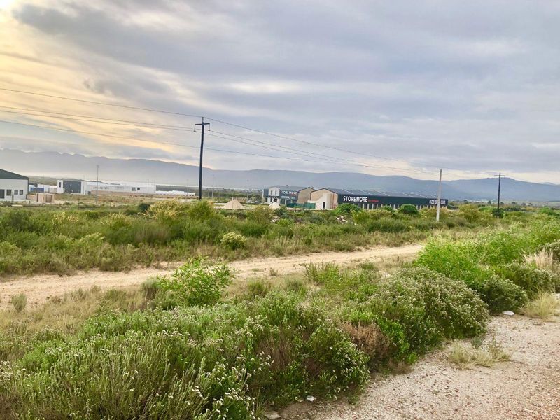 A view of the vacant commercial land featuring natural vegetation, an unpaved access track, and distant industrial buildings under a cloudy sky.