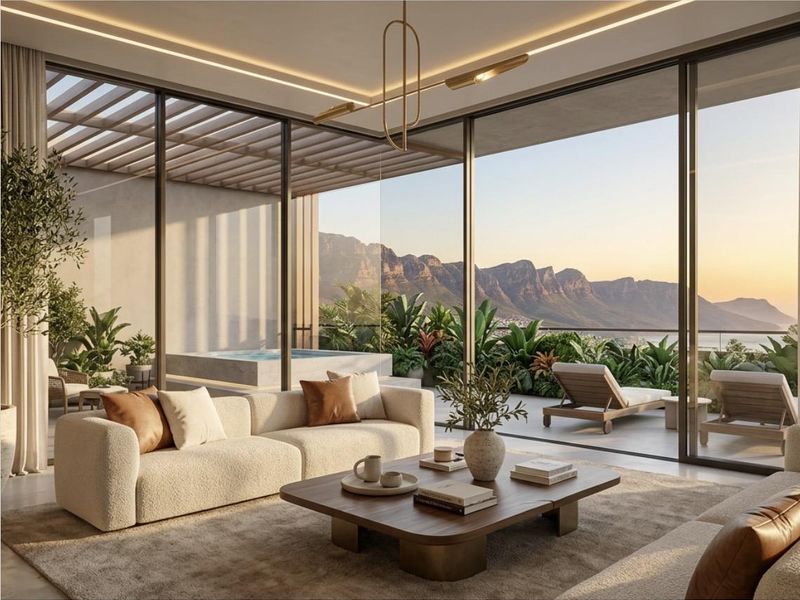 Luxurious open-plan living area featuring floor-to-ceiling glass doors opening onto a spacious balcony with a private plunge pool and mountain views.