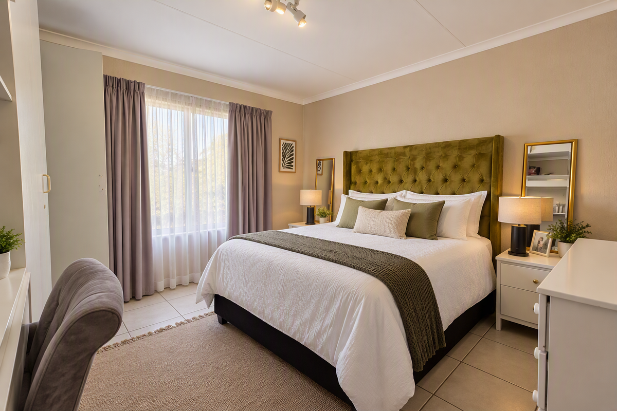 A well-maintained bedroom featuring neutral tiled flooring, built-in wardrobe storage, and large windows with curtain tracks, offering a bright and comfortable living space.