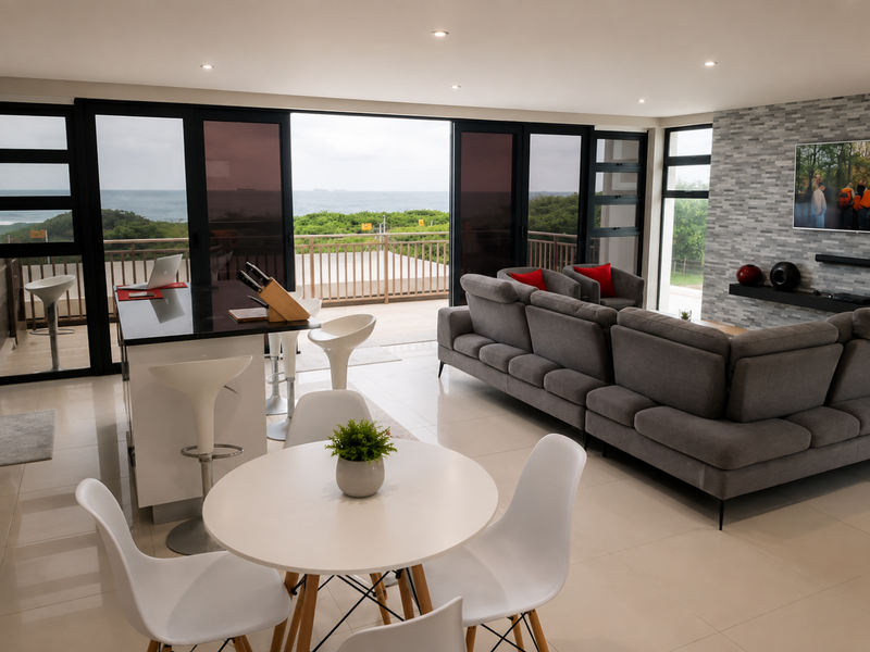 Modern open-plan living area featuring large sliding doors, a stone feature wall, and seamless access to a balcony with ocean views.