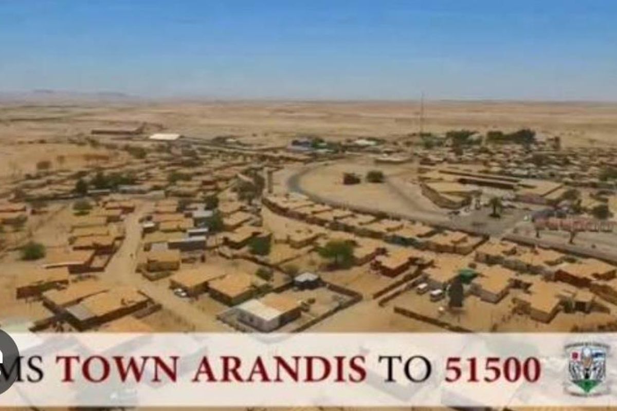 An aerial view of the town of Arandis, showcasing the surrounding landscape and residential layout.