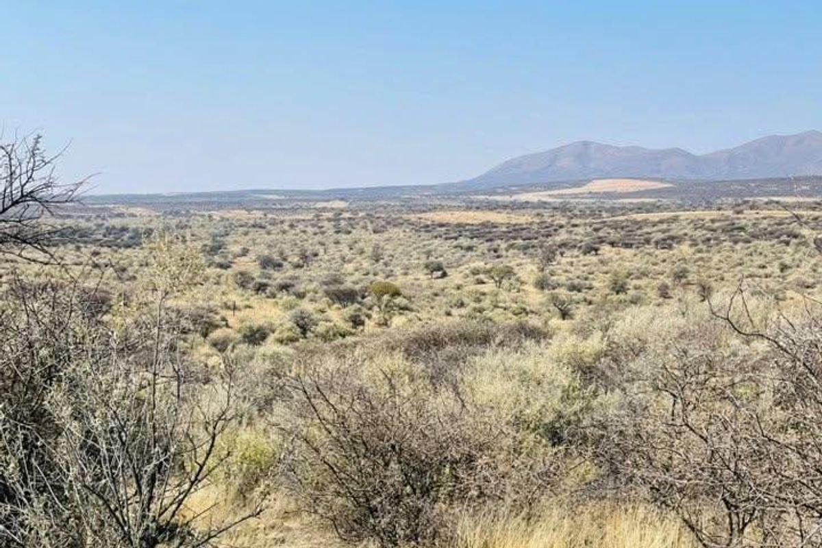 A scenic, elevated view of the expansive natural landscape and distant mountain range, showcasing the property's open terrain.
