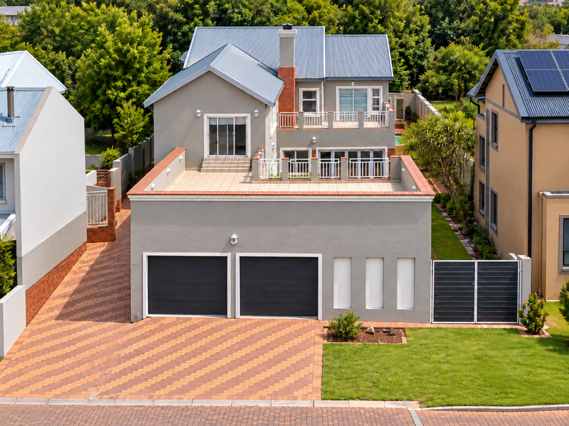 A modern double-story residence featuring a triple garage, expansive paved driveway, and a large upper-level balcony with contemporary architectural finishes.