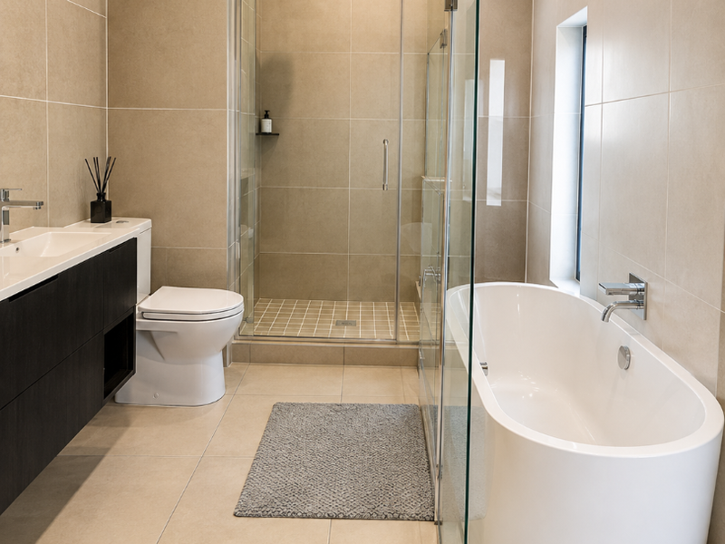 Modern bathroom featuring a freestanding bathtub, glass-enclosed shower, wall-mounted vanity, and neutral floor-to-ceiling tiling.