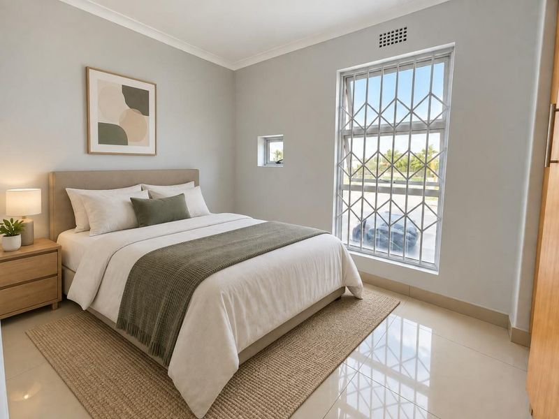 A well-maintained bedroom featuring neutral tones, tiled flooring, built-in storage, and a large window fitted with a security gate.