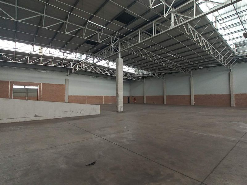 Spacious industrial warehouse featuring high ceilings with exposed steel trusses, concrete flooring, and a built-in loading ramp, ideal for storage or manufacturing operations.