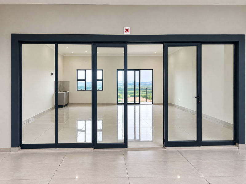 A bright, modern open-plan retail or office space featuring large glass sliding doors, polished tile flooring, and a small kitchenette area with scenic views.