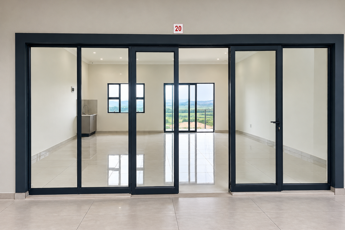 A bright, modern open-plan retail or office space featuring large glass sliding doors, polished tile flooring, and a small kitchenette area with scenic views.