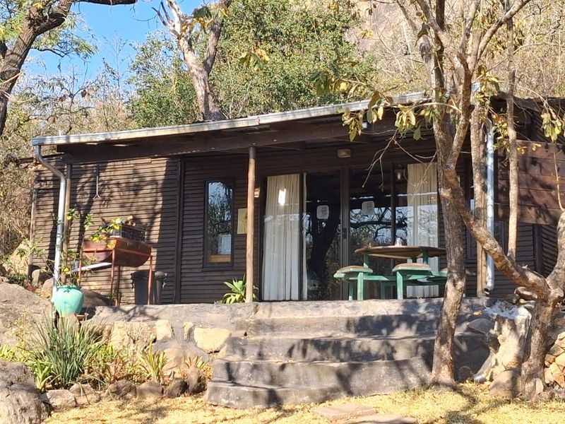 A rustic timber-clad cabin featuring a covered patio, stone steps, and sliding glass doors, set within a natural, wooded landscape.