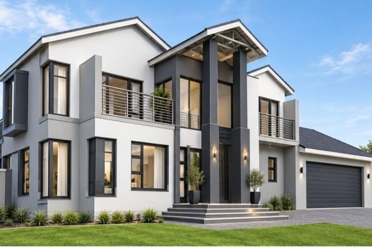 Modern double-story residential home featuring a contemporary facade, double garage, and upper-level balconies with clean architectural lines.