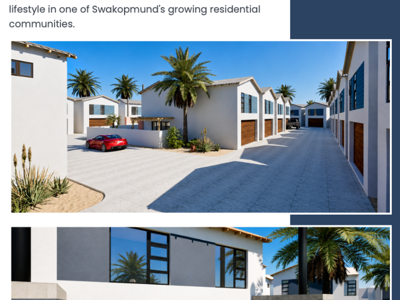 A composite image showing the exterior facade of a modern townhouse development with paved driveways, garages, and a private patio area with built-in braai.
